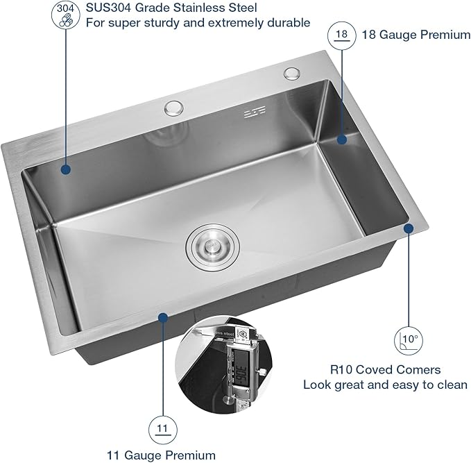 33 Inch Drop In Kitchen Sink, 16 Gauge Stainless Steel Kitchen Sink Single Bowl Sinks with Drain Strainer (33"x19"x9")