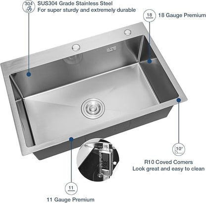 33 Inch Drop In Kitchen Sink, 16 Gauge Stainless Steel Kitchen Sink Single Bowl Sinks with Drain Strainer (33"x19"x9")