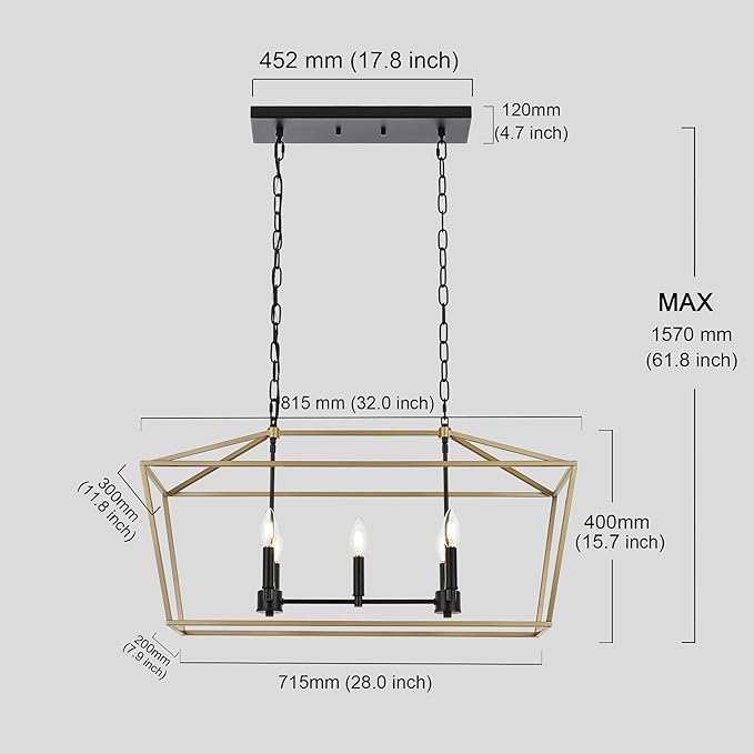 5-Light Kitchen Island Chandelier, Large Farmhouse Linear Pendant in Black and Gold, Vintage Lantern Hanging Light Fixture for Dining Room Over Table, Height Adjustable
