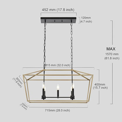 5-Light Kitchen Island Chandelier, Large Farmhouse Linear Pendant in Black and Gold, Vintage Lantern Hanging Light Fixture for Dining Room Over Table, Height Adjustable