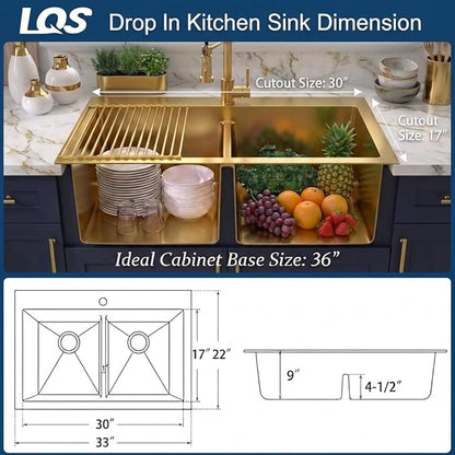 LQS Gold Kitchen Sink 33x22, 33 Inch Drop In Kitchen Sink Double Bowl, Handmade Deep & Large Stainless Steel Kitchen Sink with Low-Divider