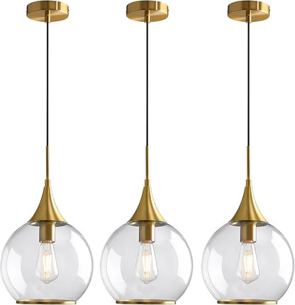 Pendant Lights Kitchen Island: 3 Pack Gold Light Fixture Modern with Clear Glass - 10 Inch Mid Century Globe Kitchen Lighting Fixtures Ceiling for Foyer Bedroom