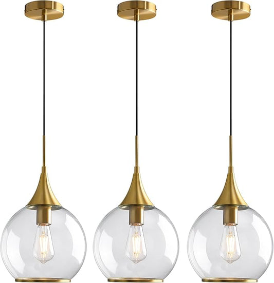 Pendant Lights Kitchen Island: 3 Pack Gold Light Fixture Modern with Clear Glass - 10 Inch Mid Century Globe Kitchen Lighting Fixtures Ceiling for Foyer Bedroom