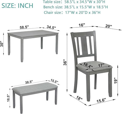 6-Piece Wooden Dining Table Set with 4 Upholstered Chairs and 1 Bench, Rectangular Kitchen Table Set for 6 People, Modern Dining Room Table for Kitchen and Dining, Gray