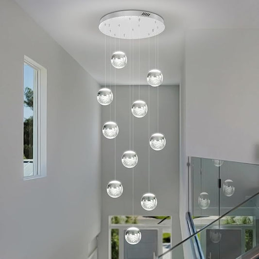 LED Staircase Chandelier Crystal Globe Pendant Light Large Chandeliers for High Ceiling,10-Lights Hanging Flush Mount Lighting Fixtures for Foyer,Entryway,Living Room