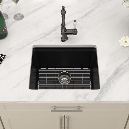 Dcolora 21 In. Black Granite Composite Small Kitchen Sink, Single Bowl Workstation Undermount Prep Sink, Quartz Bar Sink, 21"x18"x9.65" #DC-GBUS25472