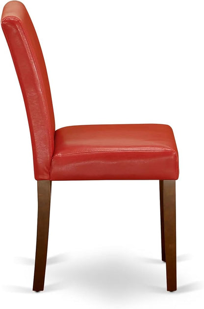 East West Furniture ABP3T72 Abbott Parsons Dining Chairs - Firebrick Red Faux Leather Padded Chairs, Set of 2, Mahogany