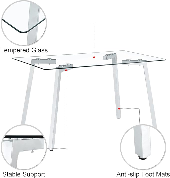 Rectangular Glass Dining Table 51 Inch Modern Rectangular Kitchen Table with Metal Legs Durable Stylish Dinner Table for Dining Room Kitchen