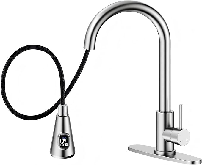 HOMELODY LED Temperature Display Kitchen Faucet with Pull Down Sprayer - Brushed Nickel Single Handle Kitchen Sink Faucet, High Arc Stainless Steel Design for RV Laundry Farmhouse Bar