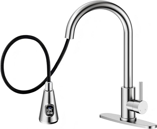 HOMELODY LED Temperature Display Kitchen Faucet with Pull Down Sprayer - Brushed Nickel Single Handle Kitchen Sink Faucet, High Arc Stainless Steel Design for RV Laundry Farmhouse Bar