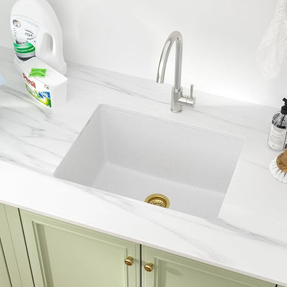 24 Inch Laundry Sink Undermount – 24 x 18 x 12 Inch Quartz Granite Composite White Utility Sink 12 Inch Granite Basin, Durable Single Bowl Deep Basin for Laundry Room