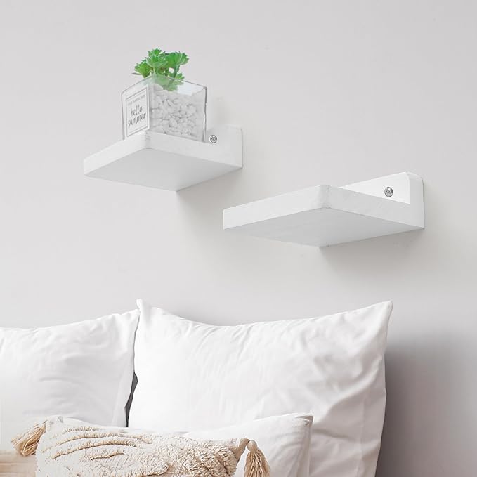 Small Floating Shelf, 4x4 Inch Display Ledges for Wall,Mini Shelves,Rustic Wood Shelf for Bedroom Living Room Bathroom Kitchen (8, Rustic White)