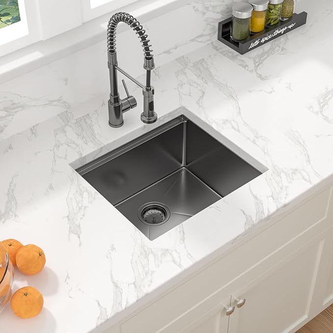 Sarlai 21 Black Undermount Sink - 21" x 19" Bar Sink Ledge Workstation Gunmetal Black Stainless Steel 16 Gauge Single Bowl Under Counter Bar Prep RV Camper Kitchen Sinks Basin with Accessories