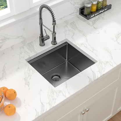 Sarlai 21 Black Undermount Sink - 21" x 19" Bar Sink Ledge Workstation Gunmetal Black Stainless Steel 16 Gauge Single Bowl Under Counter Bar Prep RV Camper Kitchen Sinks Basin with Accessories