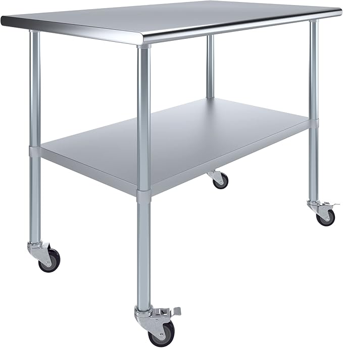 Stainless Steel Work Table with Wheels | NSF Kitchen Island Food Prep | Laundry Garage Utility Bench (Table + Wheels, 48" Long x 30" Deep)