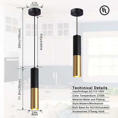 Modern Mini Pendant Light Set of 3, Metal Gold Black Pendant Ceiling Lamps Fixture with LED Bulb Hanging Light for Kitchen Island Living Room Bedroom Cafe Bar