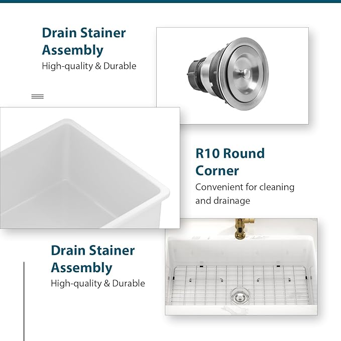 32 White Undermount Kitchen Sink Porcelain 32x19x10 Inch Dual Mount White Single Bowl Ceramic Kitchen Sink - Brushed Drain Strainer