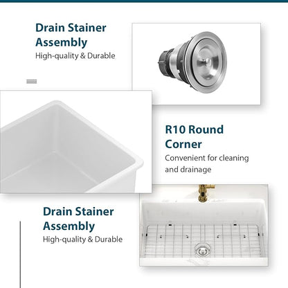 32 White Undermount Kitchen Sink Porcelain 32x19x10 Inch Dual Mount White Single Bowl Ceramic Kitchen Sink - Brushed Drain Strainer