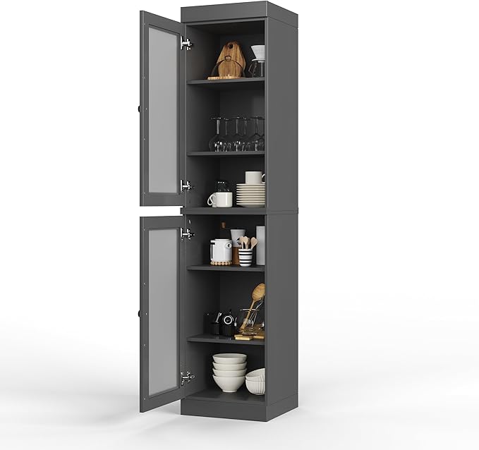 Palace Imports Solid Wood Kitchen Pantry Cabinet w/Frosted Glass Doors - Narrow Storage Cabinet - 16.5" Wide x 71.5" Tall - Gray, Adjustable Shelves, 100% Eco-Friendly Wood, Modular Cabinets