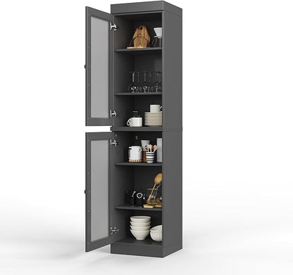 Palace Imports Solid Wood Kitchen Pantry Cabinet w/Frosted Glass Doors - Narrow Storage Cabinet - 16.5" Wide x 71.5" Tall - Gray, Adjustable Shelves, 100% Eco-Friendly Wood, Modular Cabinets