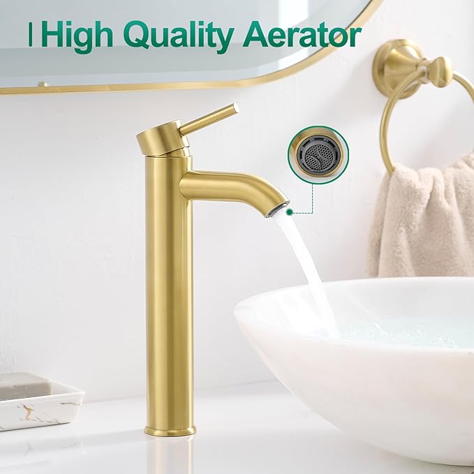 VOTON Brushed Gold Tall Bathroom Faucet, Single Handle Vessel Sink Faucet with Water Supply Hose and Pop Up Sink Drain