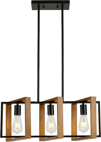 23.6" Kitchen Island Lighting,3 Lights Dining Table Chandelier, Rectangle Island Light for Dining&Living Room, Foyer Hallway,E26, Wood Frame.