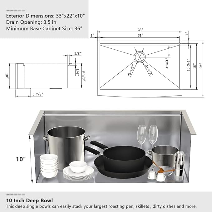 33 Inch Stainless Steel Farmhouse Sink-VASOYO 33x22 Apron Front Farm Sink Stainless Steel Farmhouse Kitchen Sinks Workstation 16 Gauge Single Bowl Deep Kitchen Sinks Undermount with Cutting Board
