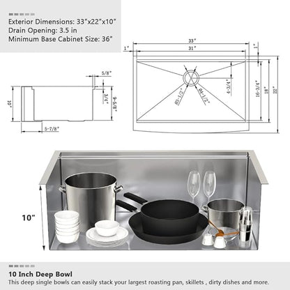 33 Inch Stainless Steel Farmhouse Sink-VASOYO 33x22 Apron Front Farm Sink Stainless Steel Farmhouse Kitchen Sinks Workstation 16 Gauge Single Bowl Deep Kitchen Sinks Undermount with Cutting Board