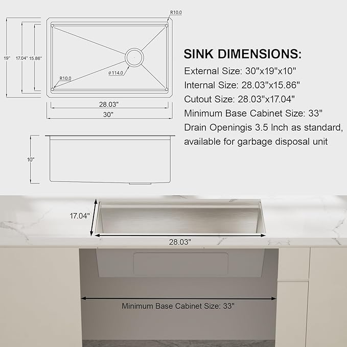 MAYESAR 30 Undermount Stainless Steel Kitchen Sink - Workstation Sink 16 Gauge Single Bowl Deep Handmade Sinks with Brushed Finish, Round Corner, 30"x19"x10"