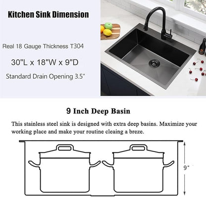 SHACO 30x18 Inch Drop In Black Kitchen Sink, 30 Inch Gunmetal Black Top Mount Single Bowl Commercial Kitchen Sink, Stainless Steel 16 Gauge Handmade Kitchen Sink with Strainer Drain