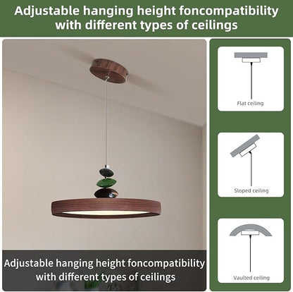 Mikeru Modern Pendant Lights, 23.6" Wood Grain Finish Pendant Lighting Fixture with Remote Control Dimmable 3 Color Mode & Brightness Mid Century Island Light Fixture for Dining Room,Living Room