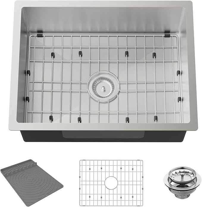 Kitchen Sink,24x18 Inch Kitchen Sink Stainless Steel Undermount Bar Sink Drop In Stylish and Modern Look Sink With Bottom Grid,Silicon Mat And Drain Assembly Add Elegance & Enhance Usability