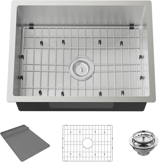 Kitchen Sink,24x18 Inch Kitchen Sink Stainless Steel Undermount Bar Sink Drop In Stylish and Modern Look Sink With Bottom Grid,Silicon Mat And Drain Assembly Add Elegance & Enhance Usability