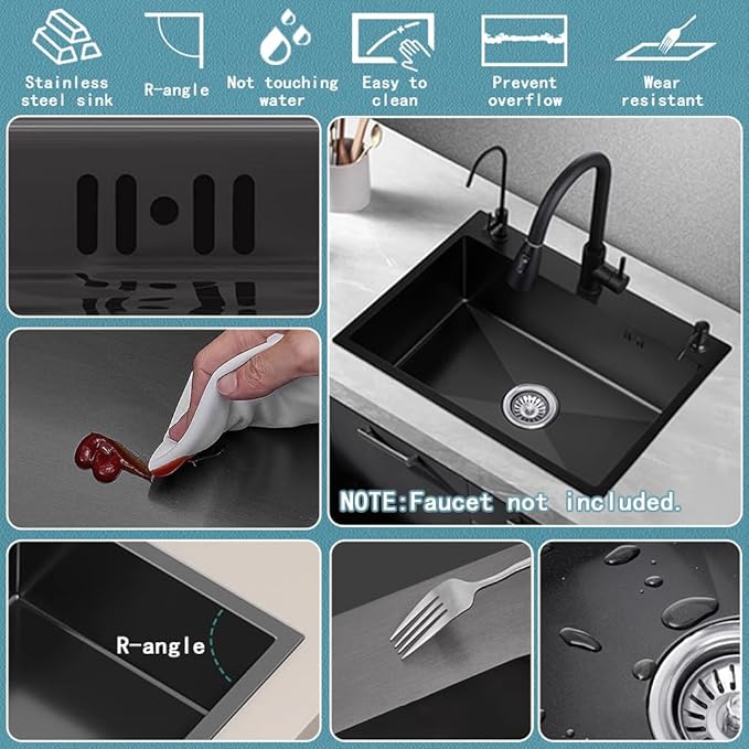 26.8 x 17.7 Inch Black Drop In Kitchen Sink,Stainless Steel Topmount Single Bowl Sink,Large Capacity Utility Workstation Sink With Soap dispenser & Drain Basket