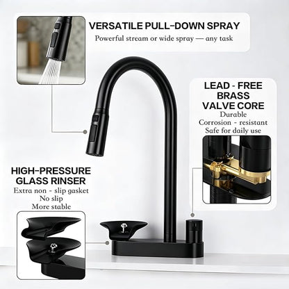 2-in-1 Kitchen Faucet with Pull Down Sprayer, 3 Spray Modes & Built-in Glass Rinser, Lead-Free Brass Single Handle, Matte Black, Fits 1 or 3 Hole Sink, Suitable for Farmhouse Rv Bar