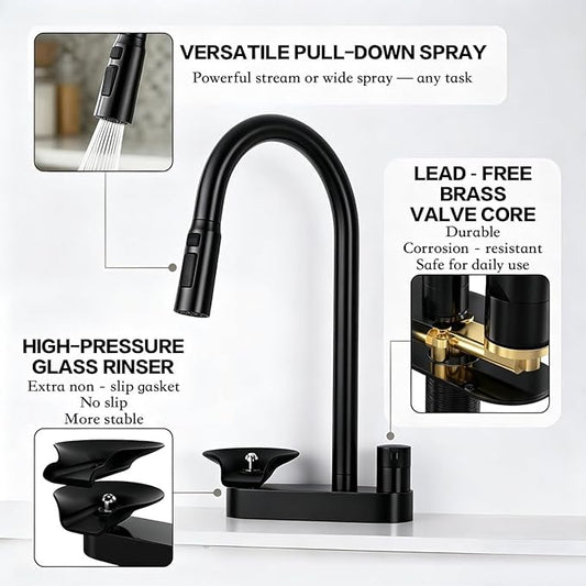 2-in-1 Kitchen Faucet with Pull Down Sprayer, 3 Spray Modes & Built-in Glass Rinser, Lead-Free Brass Single Handle, Matte Black, Fits 1 or 3 Hole Sink, Suitable for Farmhouse Rv Bar