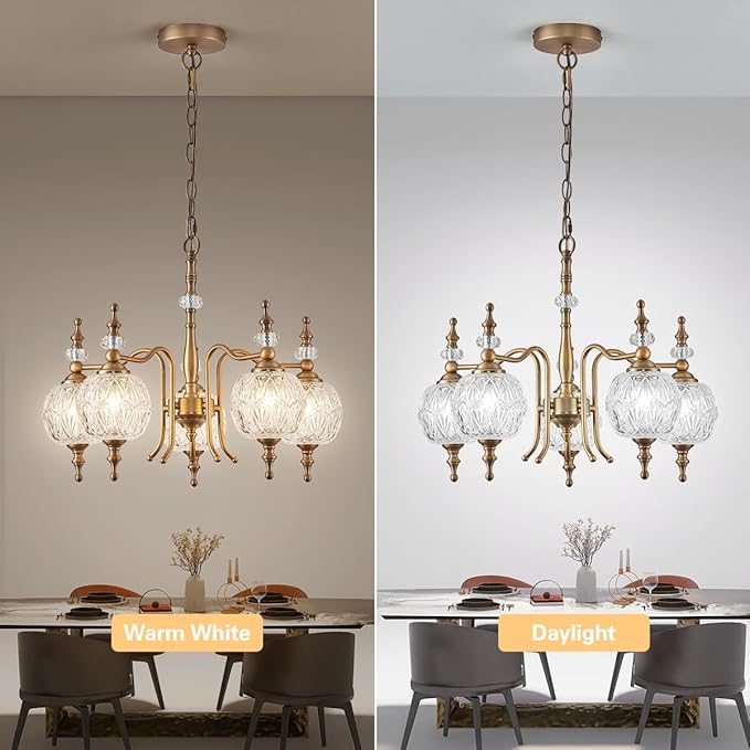 Chandeliers Vintage 5 Lights Brass Glass Pendant Lighting Fixtures Rustic Style Chandelier Matte Brushed Antique Brass Finish with Crystal Glass Shade for Kitchen Island Farmhouse
