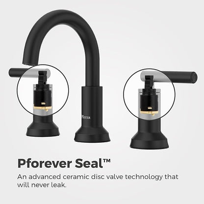 Pfister Capistrano 8 in Widespread 3 Hole Matte Black Bathroom Sink Faucet with 2 Handles, Push & Seal Drain, NSF Certified, Spot Defense Finish for Vanity LF049CSOSDB