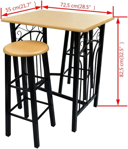3-Piece Bar Table Set with Stools, Wood and Steel Bistro Set for Kitchen, Living Room, Black and Beige, Space-Saving Dining Furniture, 32.5” H Table, 27.6” H Stools