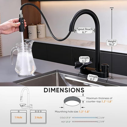 2-in-1 Kitchen Faucet with Pull Down Sprayer, 3 Spray Modes & Built-in Glass Rinser, Lead-Free Brass Single Handle, Matte Black, Fits 1 or 3 Hole Sink, Suitable for Farmhouse Rv Bar