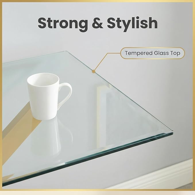 Edwin's Choice 58.5” Rectangle Glass Dining Table, Tempered Glass Table Top and Metal Tubular Legs, Modern Style Table for Home, Kitchen, Dining Room 58.5”Lx29”Wx30”H, Gold