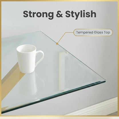 Edwin's Choice 58.5” Rectangle Glass Dining Table, Tempered Glass Table Top and Metal Tubular Legs, Modern Style Table for Home, Kitchen, Dining Room 58.5”Lx29”Wx30”H, Gold