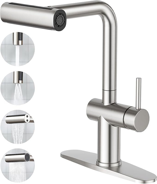 CREA Bar Sink Faucet,Chrome Bathroom Facuets 1 3 Holes, Single Handle Bathroom Faucets with Deck Plate,360°Swivel Stainless Steel Small Kitchen Faucet for Mini Pre Sink RV Vanity Faucet