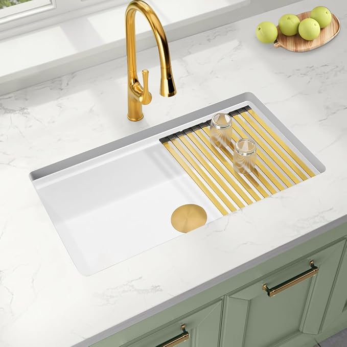 White Undermount Kitchen Sink 32 X 18 inch,Granite Composite Kitchen Sink Undermount/Drop In,Large Single Bowl Workstation Kitchen Sinks (White, 32" X 18")