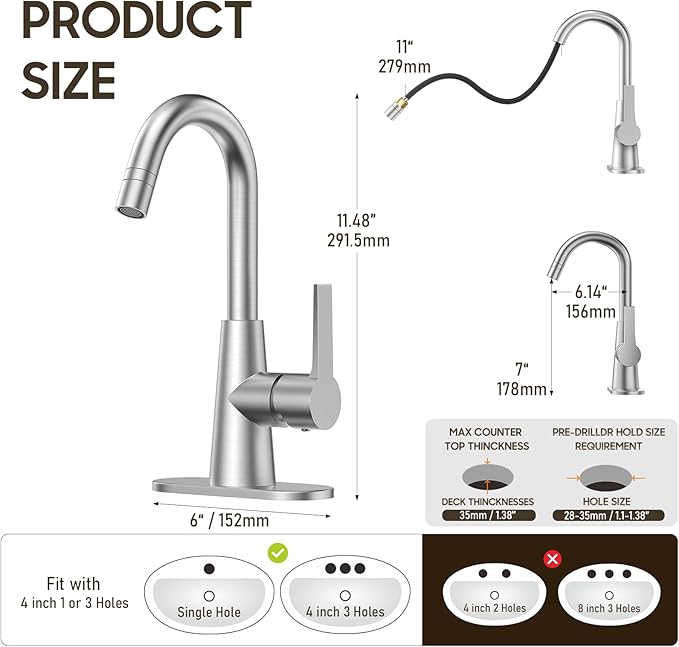 Phiestina Tall Bathroom Faucets with Pull Down Sprayer, Brushed Nickel High Arc Single Handle Pull Out Faucet, 1 or 3 Hole Utility Sink Laundry Bar Faucet Pull Out with Deck Plate WE10CL-ZY-BN