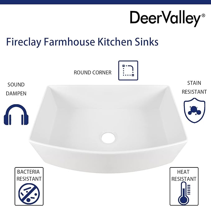 DeerValley Farmhouse Kitchen Sink 33 inch, White Fireclay Apron Front Farm Sinks, Single Bowl Deep Drop In Undermount Sink with Grid and Basket Strainer, Easy to Clean