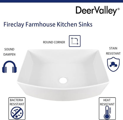 DeerValley Farmhouse Kitchen Sink 33 inch, White Fireclay Apron Front Farm Sinks, Single Bowl Deep Drop In Undermount Sink with Grid and Basket Strainer, Easy to Clean