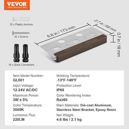 VEVOR LED Hardscape Lighting, 6.8 Inch Retaining Wall Lights, 3W 12V-24V AC/DC Low Voltage Paver Light, IP68 Waterproof Outdoor Step Lights, 3000K Swivel Hardscape with Connectors (8 Pack Soft White)