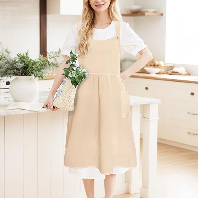 Cityelf Vintage Pinafore Apron Dress Snap Adjust Linen Cotton with Pockets Floral Aprons for Cooking Gardening