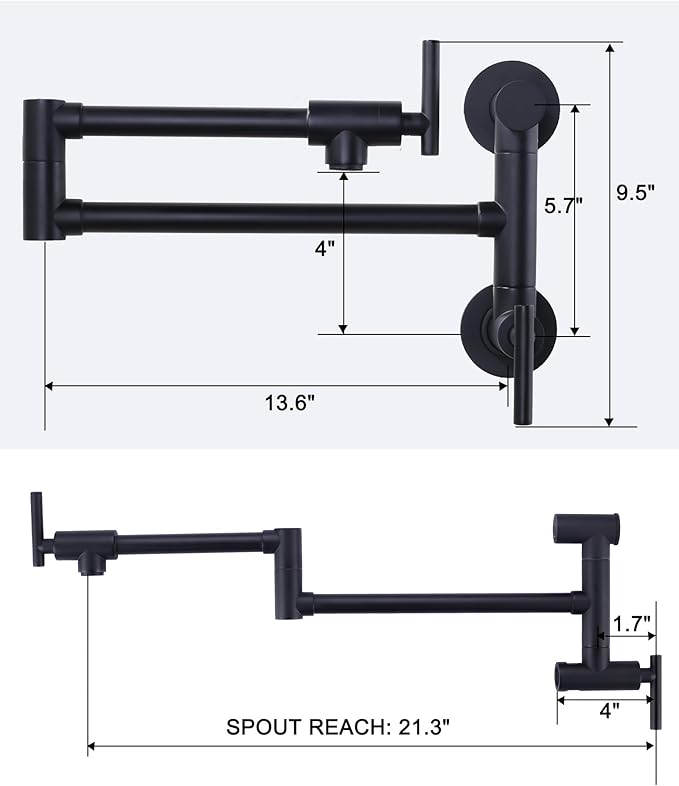 WOWOW Pot Filler Faucet Black: Single Hole Wall Mount Stove Faucet, Brass Pot Filler Two Attachment with Double Joint Swing Arms